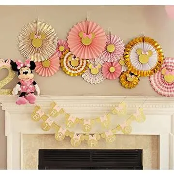 12 Pcs Pink Gold Glitter Minnie Tissue Paper Fans Minnie Birthday Party Decor Supplies Birthday Minn...