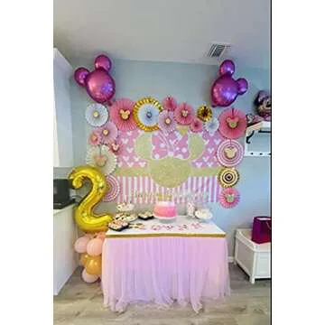 12 Pcs Pink Gold Glitter Minnie Tissue Paper Fans Minnie Birthday Party Decor Supplies Birthday Minnie Themed Party Decor Girl Birthday Party Supplies Decor Pink Gold Party Decor