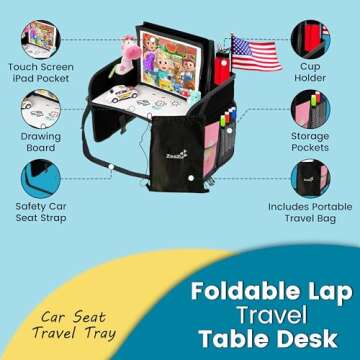 ZEAZU Kids Travel Tray with Bag - Toddler Car Seat Tray, Foldable Lap Travel Table Desk with iPad Ho...