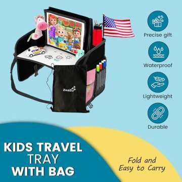 ZEAZU Kids Travel Tray with Bag - Toddler Car Seat Tray, Foldable Lap Travel Table Desk with iPad Holder, Drawing Board, Storage Pocket Organizer for Child Road Trip, Car Stroller, Airplane - Black