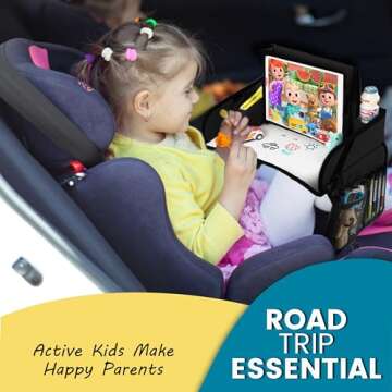 ZEAZU Kids Travel Tray with Bag - Toddler Car Seat Tray, Foldable Lap Travel Table Desk with iPad Holder, Drawing Board, Storage Pocket Organizer for Child Road Trip, Car Stroller, Airplane - Black