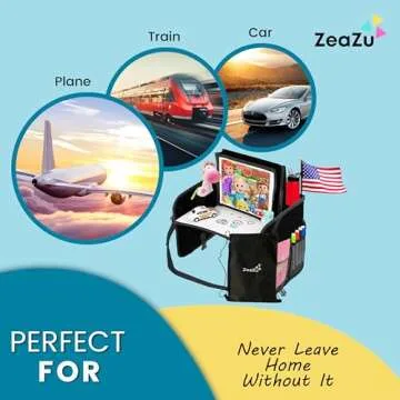 ZEAZU Kids Travel Tray with Bag - Toddler Car Seat Tray, Foldable Lap Travel Table Desk with iPad Holder, Drawing Board, Storage Pocket Organizer for Child Road Trip, Car Stroller, Airplane - Black