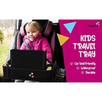 ZEAZU Kids Travel Tray with Bag - Toddler Car Seat Tray, Foldable Lap Travel Table Desk with iPad Holder, Drawing Board, Storage Pocket Organizer for Child Road Trip, Car Stroller, Airplane - Black