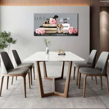 YARUITU Fashion Pink Wall Art,Canvas Prints for Bedroom Living Room Decor,Women’s Makeup Room,Beauty Perfume Themes,Pink Roses High Heels Sunglasses Books Pictures Girls Room Decor,20 x 40 inches RT