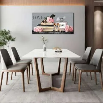 YARUITU Fashion Pink Wall Art,Canvas Prints for Bedroom Living Room Decor,Women’s Makeup Room,Beauty Perfume Themes,Pink Roses High Heels Sunglasses Books Pictures Girls Room Decor,20 x 40 inches RT