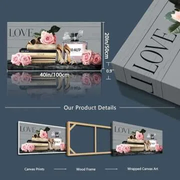 YARUITU Fashion Pink Wall Art,Canvas Prints for Bedroom Living Room Decor,Women’s Makeup Room,Beauty Perfume Themes,Pink Roses High Heels Sunglasses Books Pictures Girls Room Decor,20 x 40 inches RT