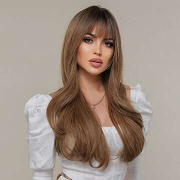 EMMOR Long Curly Ash Brown Wigs with Bangs for Women, Heat Resistant Synthetic Wavy Wigs for Daily/P...