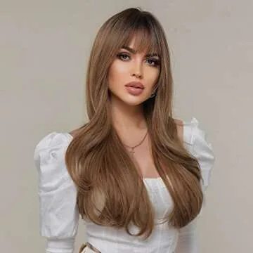 EMMOR Long Curly Ash Brown Wigs with Bangs for Women, Heat Resistant Synthetic Wavy Wigs for Daily/P...