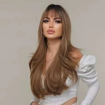 EMMOR Long Curly Ash Brown Wigs with Bangs for Women, Heat Resistant Synthetic Wavy Wigs for Daily/Party/Cosplay