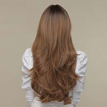 EMMOR Long Curly Ash Brown Wigs with Bangs for Women, Heat Resistant Synthetic Wavy Wigs for Daily/Party/Cosplay