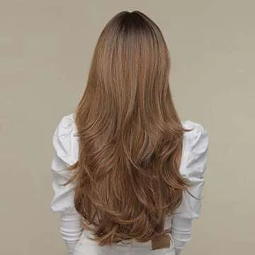 EMMOR Long Curly Ash Brown Wigs with Bangs for Women, Heat Resistant Synthetic Wavy Wigs for Daily/Party/Cosplay