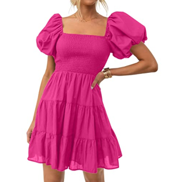 ZESICA Women's Boho Summer Square Neck Puff Sleeve Off Shoulder Smocked Tiered Casual A Line Short M...