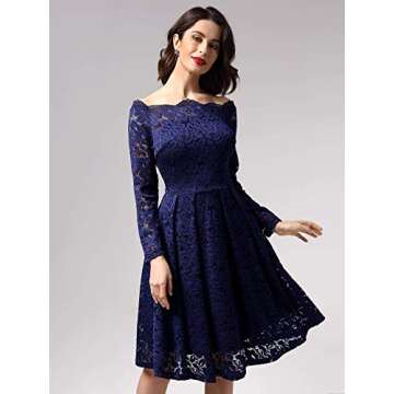 MISSMAY Women's Vintage Floral Lace Long Sleeve Boat Neck Cocktail Party Swing Dress (Large, B-Navy Blue)