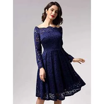 MISSMAY Women's Vintage Floral Lace Long Sleeve Boat Neck Cocktail Party Swing Dress (Large, B-Navy Blue)