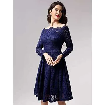 MISSMAY Women's Vintage Floral Lace Long Sleeve Boat Neck Cocktail Party Swing Dress (Large, B-Navy Blue)