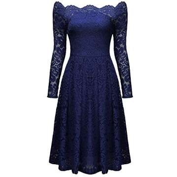 MISSMAY Women's Vintage Floral Lace Long Sleeve Boat Neck Cocktail Party Swing Dress (Large, B-Navy Blue)
