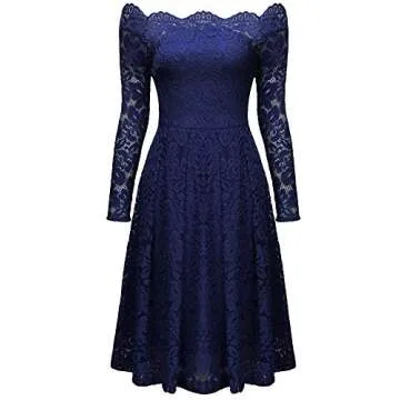 MISSMAY Women's Vintage Floral Lace Long Sleeve Boat Neck Cocktail Party Swing Dress (Large, B-Navy Blue)