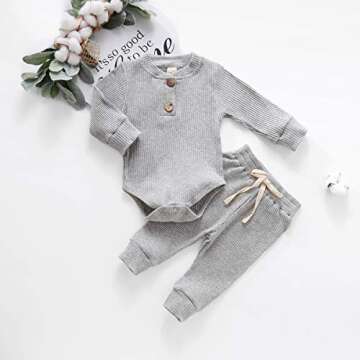 Newborn Baby Boy Girl Clothes Ribbed Knitted Cotton Long Sleeve Romper Long Pants Solid Color Fall Winter Outfits (A- Grey, 6-12 Months)