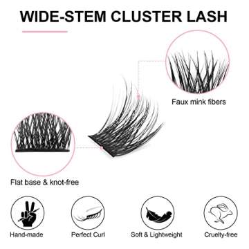 KISSXIAOYA Cluster Eyelash Extensions Kit, DIY Lashes Extension Kit with Lash Bond & Seal and Applicator, 144 Pcs 0.10mm 56D 9-15mm Mixed Wide-stem Lash, Individual at Home (Cluster Kit A)