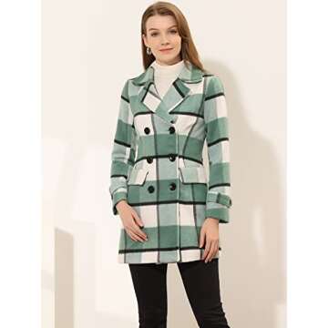 Allegra K Women's 2024 Double Breasted Pea Coat Buffalo Checks Notched Lapel Winter Plaid Coats Small Green White