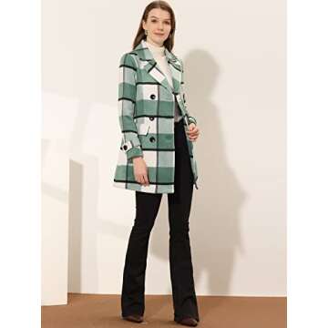 Allegra K Women's 2024 Double Breasted Pea Coat Buffalo Checks Notched Lapel Winter Plaid Coats Small Green White