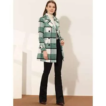 Allegra K Women's 2024 Double Breasted Pea Coat Buffalo Checks Notched Lapel Winter Plaid Coats Small Green White