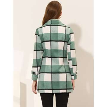 Allegra K Women's 2024 Double Breasted Pea Coat Buffalo Checks Notched Lapel Winter Plaid Coats Small Green White
