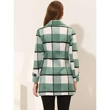 Allegra K Women's 2024 Double Breasted Pea Coat Buffalo Checks Notched Lapel Winter Plaid Coats Small Green White