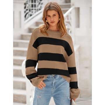 PRETTYGARDEN Womens 2024 Oversized Lantern Long Sleeve Striped Sweaters Fall Casual Crewneck Loose C...