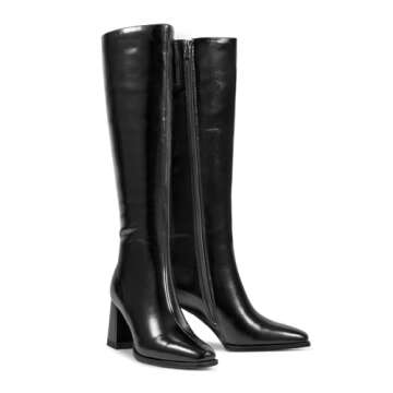 wetkiss Knee High Black Chunky Heel Tall Almond Toe High Knee Boots for Women - Fall Boots with PU L...