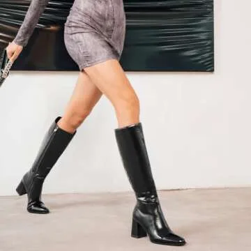 wetkiss Knee High Black Chunky Heel Tall Almond Toe High Knee Boots for Women - Fall Boots with PU Leather and Stacked Block Heels