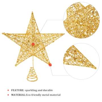 Soqool Christmas Tree Topper 8'' Gold - Glittered Gold Star Hallow Tree Topper for Mas Tree Decorati...