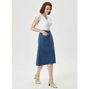 Belle Poque Long High Waisted Plus Size Knee Length Cargo Denim Skirt in Navy Blue XL