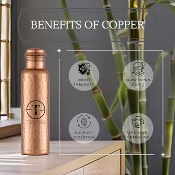 Pure Copper Water Bottle - 32 oz - Indian Handmade Copper Bottle for Drinking Water at Travel, Hiking, Gym, Office, Outdoor - Normal Finish