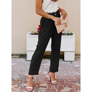 NIMIN Womens Work Pants Black Dress Business Casual Pants High Waisted Linen Pants Pull On Office Paper Bag Ankle Pants with Pockets Black X-Large