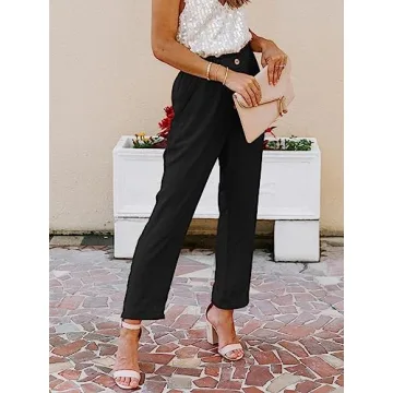 NIMIN Womens Work Pants Black Dress Business Casual Pants High Waisted Linen Pants Pull On Office Paper Bag Ankle Pants with Pockets Black X-Large