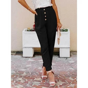 NIMIN Womens Work Pants Black Dress Business Casual Pants High Waisted Linen Pants Pull On Office Paper Bag Ankle Pants with Pockets Black X-Large