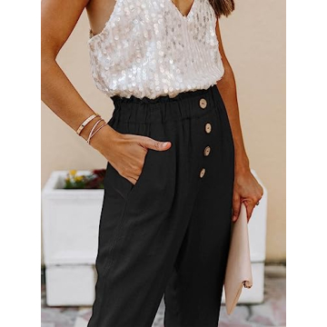 NIMIN Womens Work Pants Black Dress Business Casual Pants High Waisted Linen Pants Pull On Office Paper Bag Ankle Pants with Pockets Black X-Large