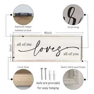 All Of Me Loves All Of You Wall Decor 40''×15'' Large Vintage Framed Wooden Plaque Modern Master Bedroom Above Over Bed sign Farmhouse Plaque Art Home Love Quotes Wall Hanging Decor (White)