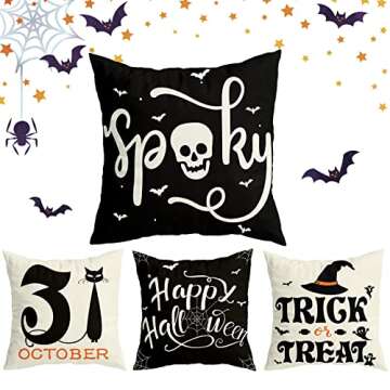 RioGree Halloween Decorations Pillow Covers 18x18 Set of 4 for Halloween Decor Indoor Outdoor, Party Supplies Farmhouse Home Decor Throw Pillows Cover Spider Web Cat Skull Decorative Cushion Case