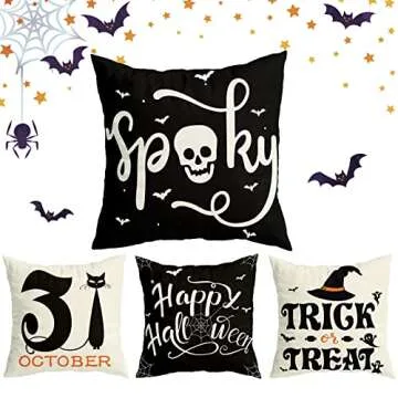 RioGree Halloween Decorations Pillow Covers 18x18 Set of 4 for Halloween Decor Indoor Outdoor, Party Supplies Farmhouse Home Decor Throw Pillows Cover Spider Web Cat Skull Decorative Cushion Case