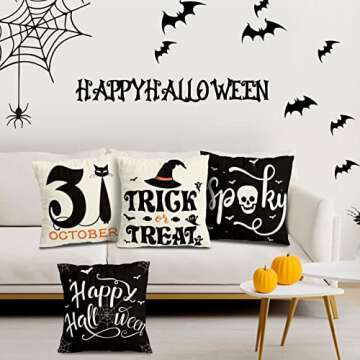 RioGree Halloween Decorations Pillow Covers 18x18 Set of 4 for Halloween Decor Indoor Outdoor, Party Supplies Farmhouse Home Decor Throw Pillows Cover Spider Web Cat Skull Decorative Cushion Case