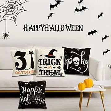 RioGree Halloween Decorations Pillow Covers 18x18 Set of 4 for Halloween Decor Indoor Outdoor, Party Supplies Farmhouse Home Decor Throw Pillows Cover Spider Web Cat Skull Decorative Cushion Case