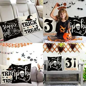 RioGree Halloween Decorations Pillow Covers 18x18 Set of 4 for Halloween Decor Indoor Outdoor, Party Supplies Farmhouse Home Decor Throw Pillows Cover Spider Web Cat Skull Decorative Cushion Case
