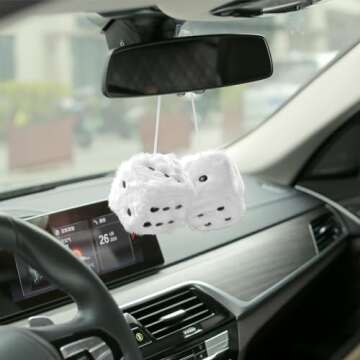 YGMONER White Fuzzy Dice for Rear View Mirror, Pair of 2.75" Plush Dice Retro Hanging Ornaments Car ...