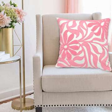 Alysheer Farmhouse Floral Leaves Embroidered Decorative Throw Pillow Cover 18x18 inches, Boho Tufted...