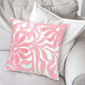 Alysheer Farmhouse Floral Leaves Embroidered Decorative Throw Pillow Cover 18x18 inches, Boho Tufted Flowers Embroidery Pattern Chic Cotton Cushion Case for Couch Bed Sofa Living Room(Light Pink)
