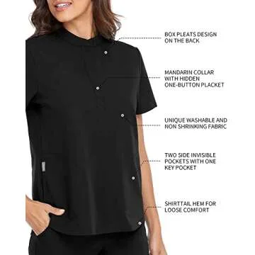 COMENII Scrubs Top for Women, 3 Pockets Mandarin Collar Medical Scrubs for Women, Shrink Resistant Anti-Wrinkle Womens Scrubs Tops（Black M）