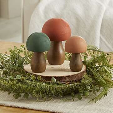 Wood Mushrooms, set of 3, green orange, custom colors, charming nature inspired gift, cottagecore, wooden mushrooms, whimsy, home decor, (Forest Paint 3)