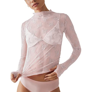 Ugerlov Women's Long Sleeve Mesh Top Mock Neck Sheer Blouse